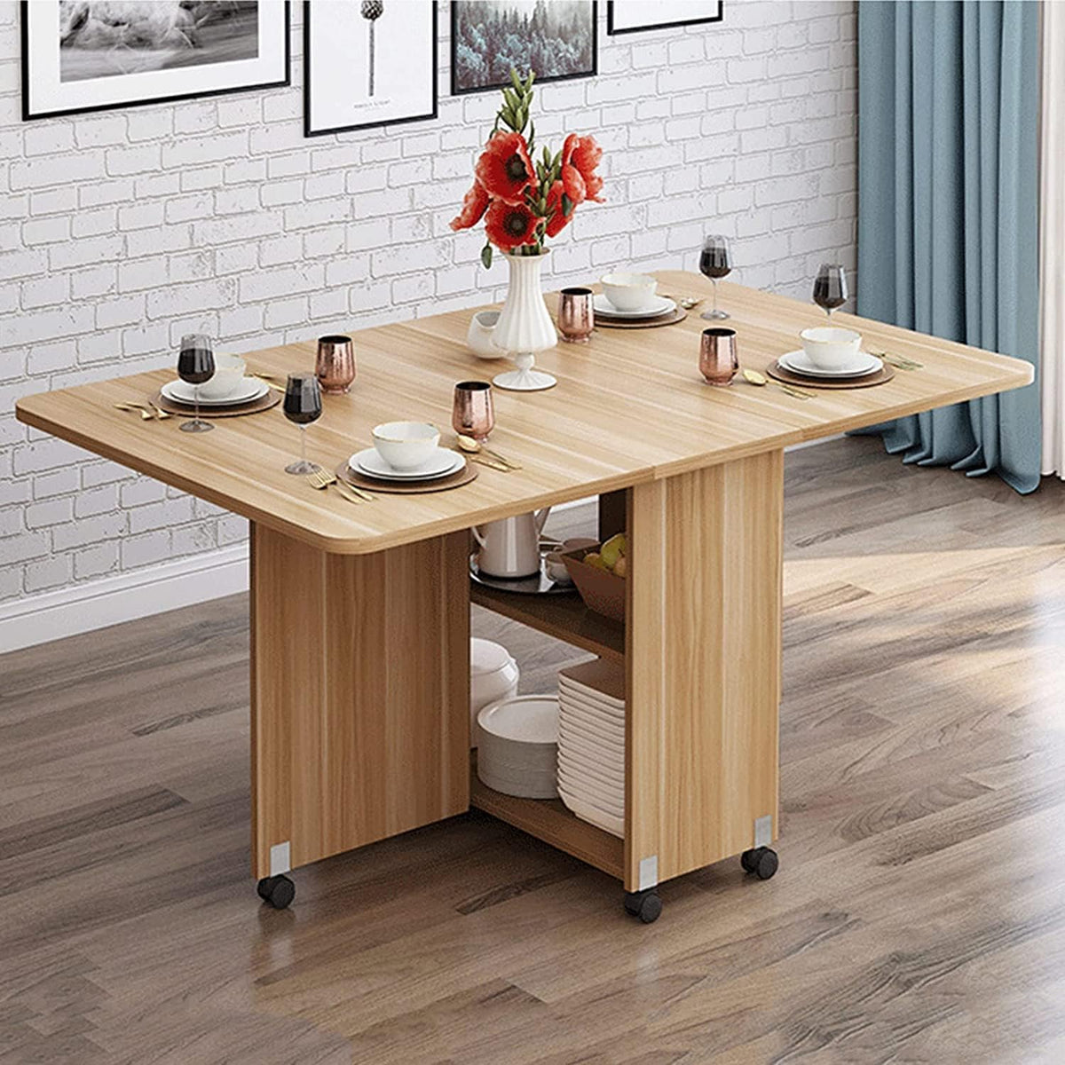 Expandable Rectangle Wood Drop Leaf Dining Table with 6 Wheels R905