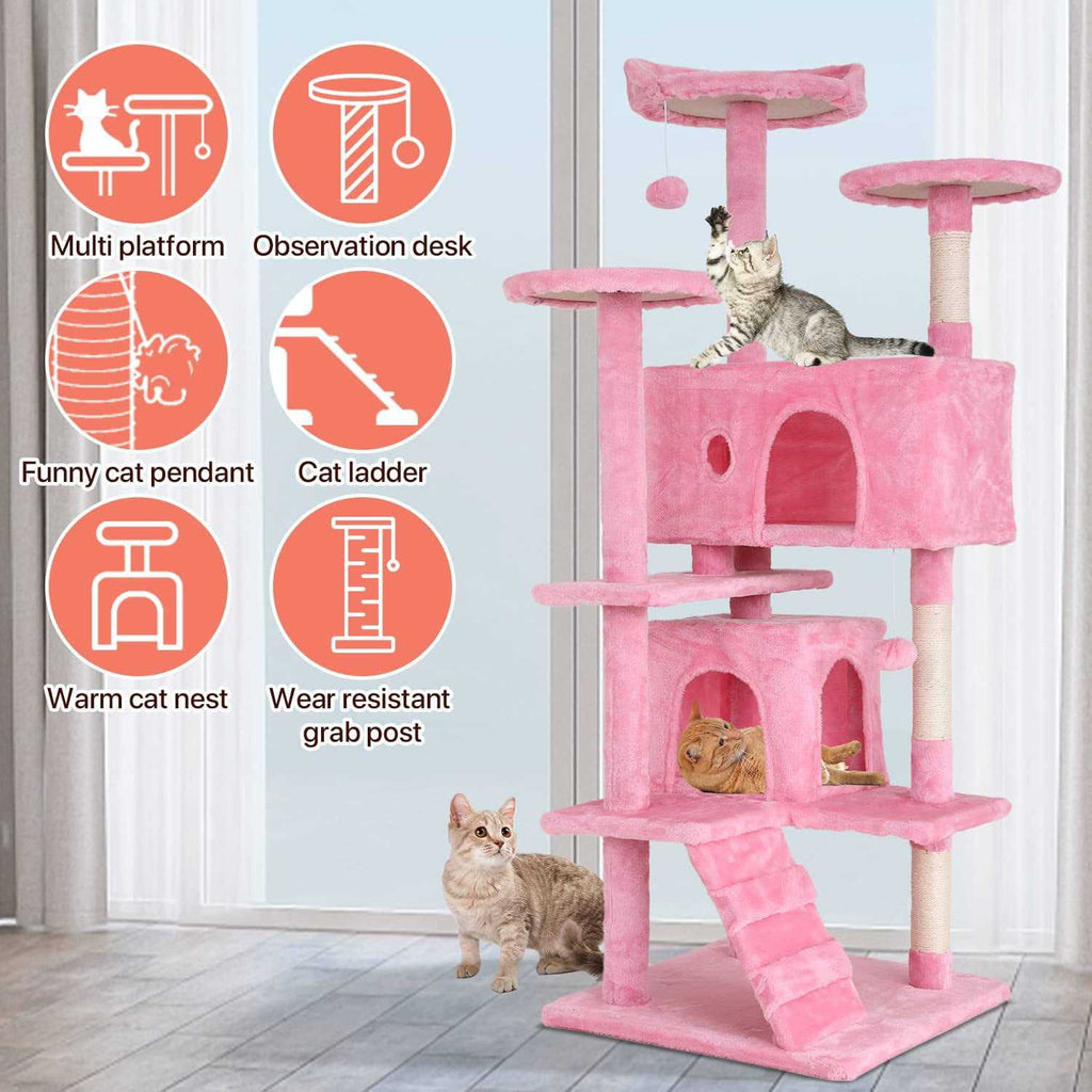 54-in Double Condo Cat Tree Tower Playhouse with Scratching Post & Perch W470