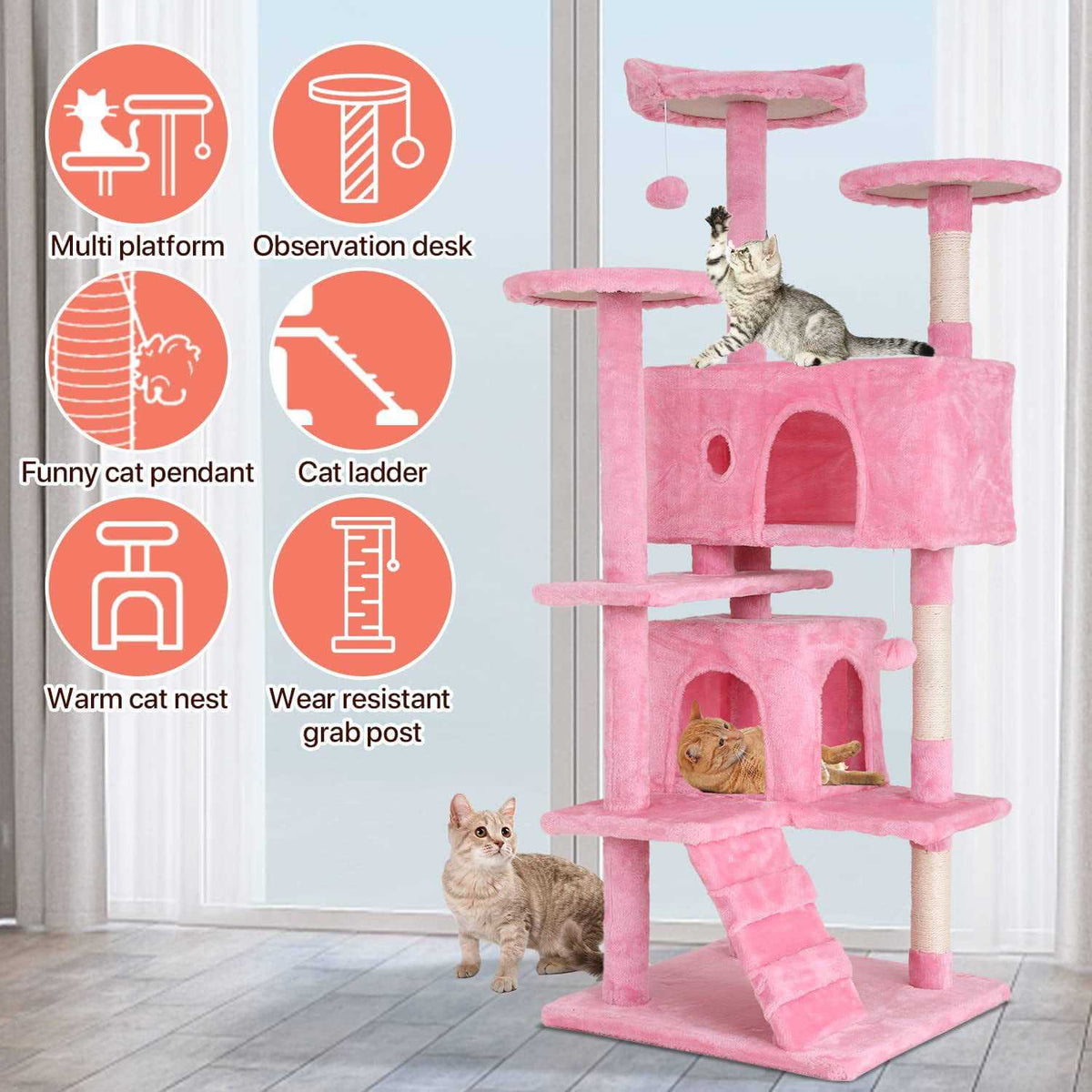 54-in Double Condo Cat Tree Tower Playhouse with Scratching Post & Perch W470