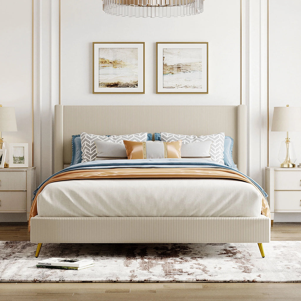 Beige Queen Corduroy Upholstered Platform Bed Frame with Headboard U1885