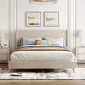 Beige Queen Corduroy Upholstered Platform Bed Frame with Headboard U1885