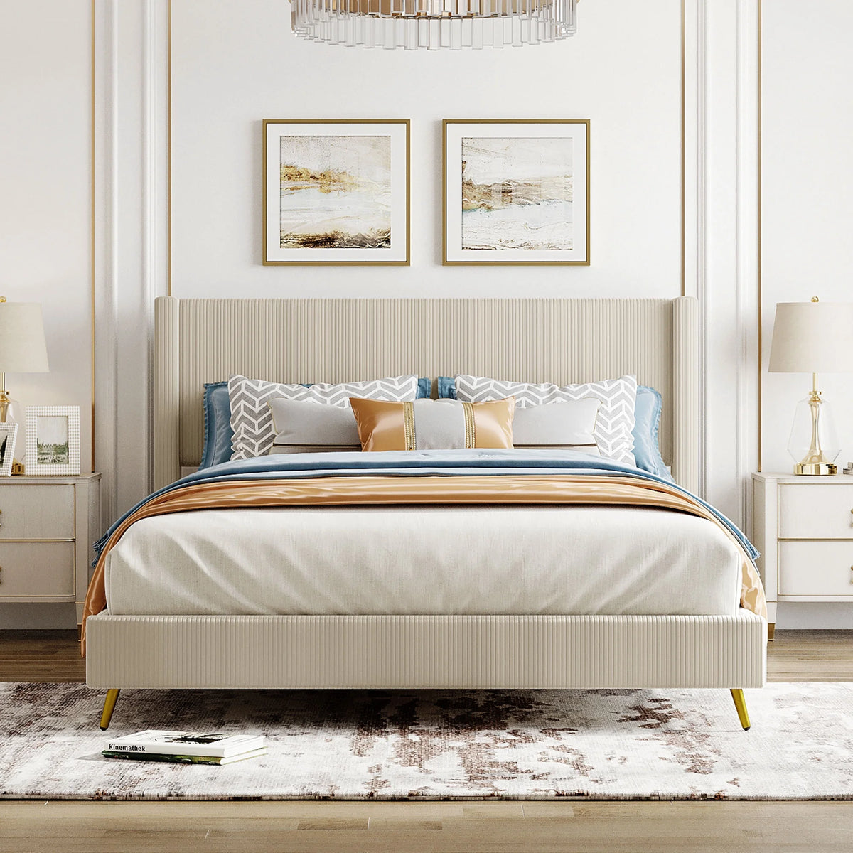 Beige Queen Corduroy Upholstered Platform Bed Frame with Headboard U1885
