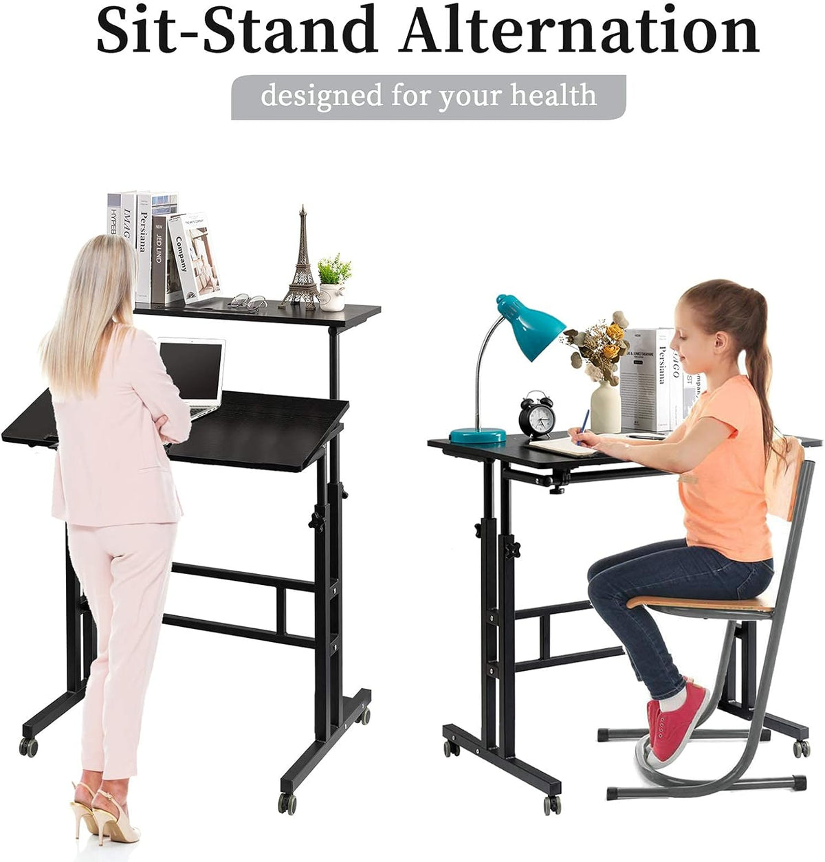 Black Mobile Standing Desk on Wheels Adjustable F1922
