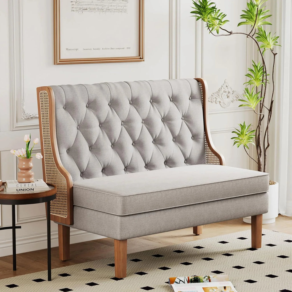 Light Grey Upholstered Loveseat Bench with Rattan Arms K147