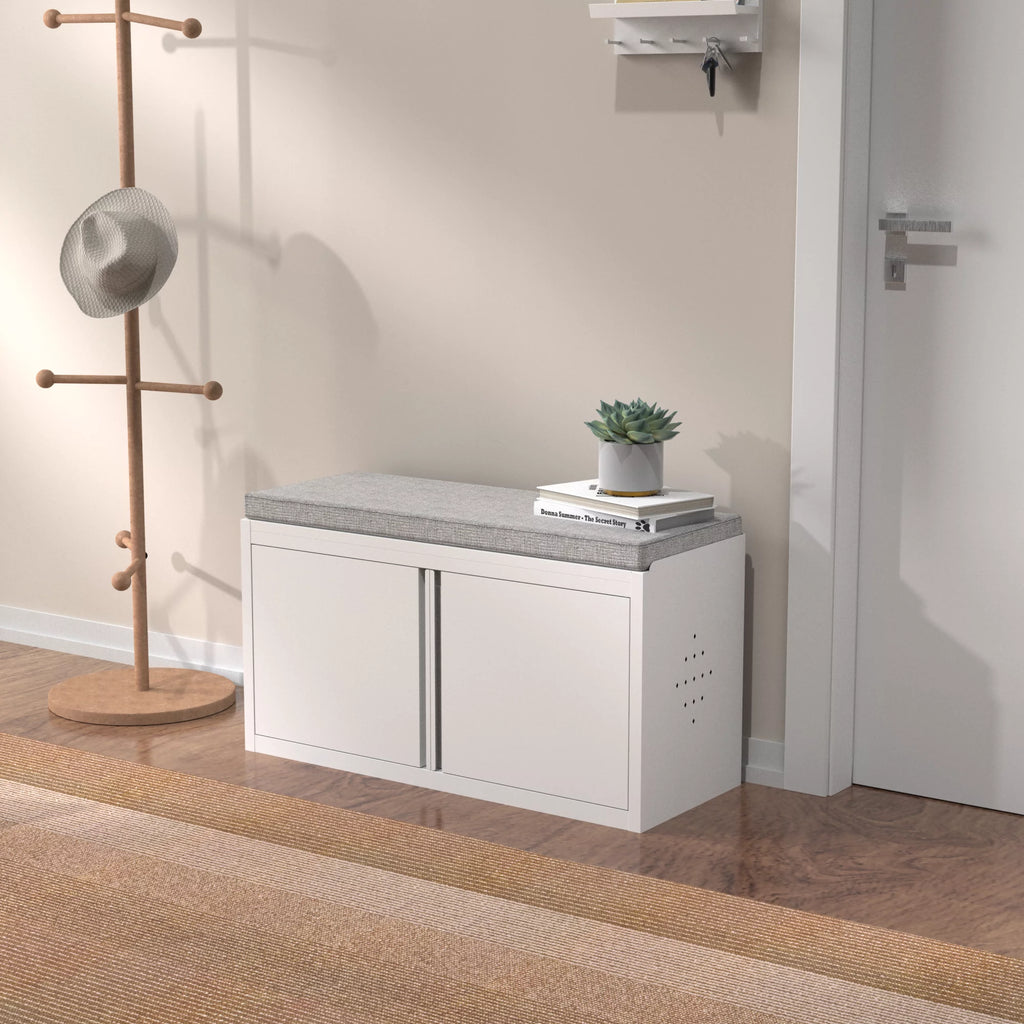 White 2 Tier Metal Storage Bench with Adjustable Shelves and Cushion A9783