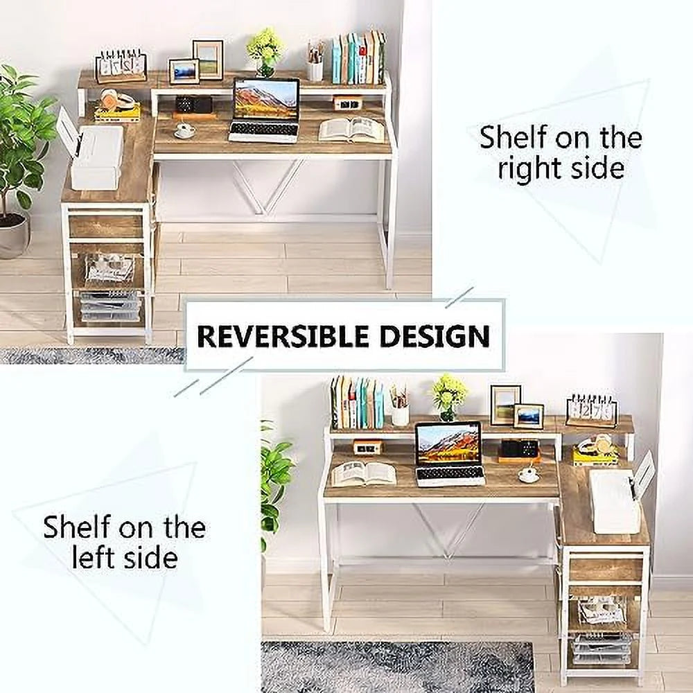 Reversible L Shaped Desk with Drawer Shelves Monitor Stand N272