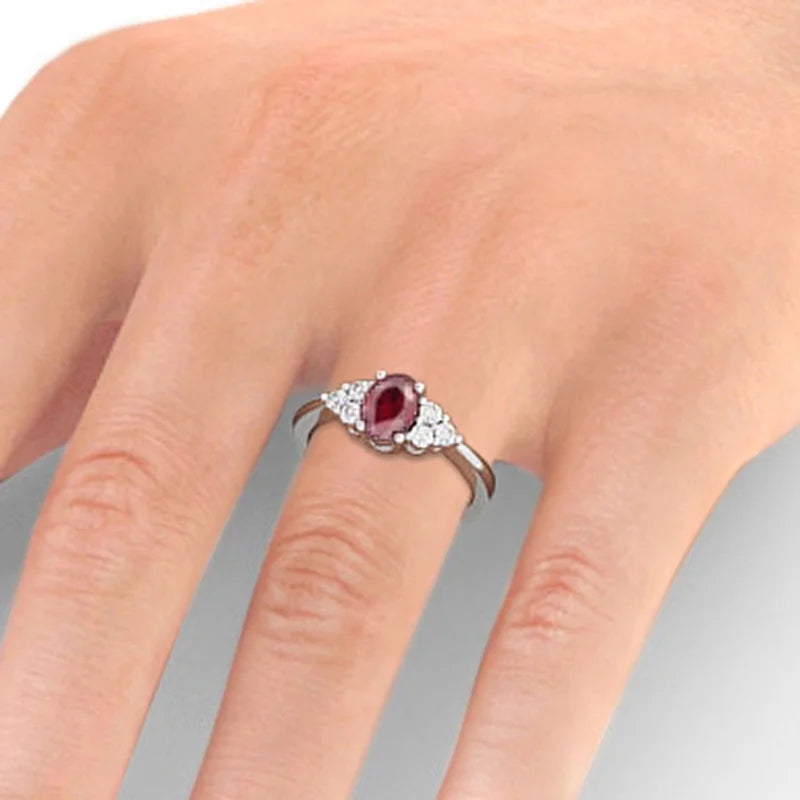 Oval Cut Red Ruby Diamond Solitaire Engagement Ring 14K White Gold Size 7.5 T287