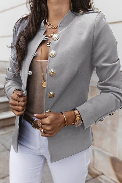 Solid Patchwork Buckle Mandarin Collar Outerwear A742892