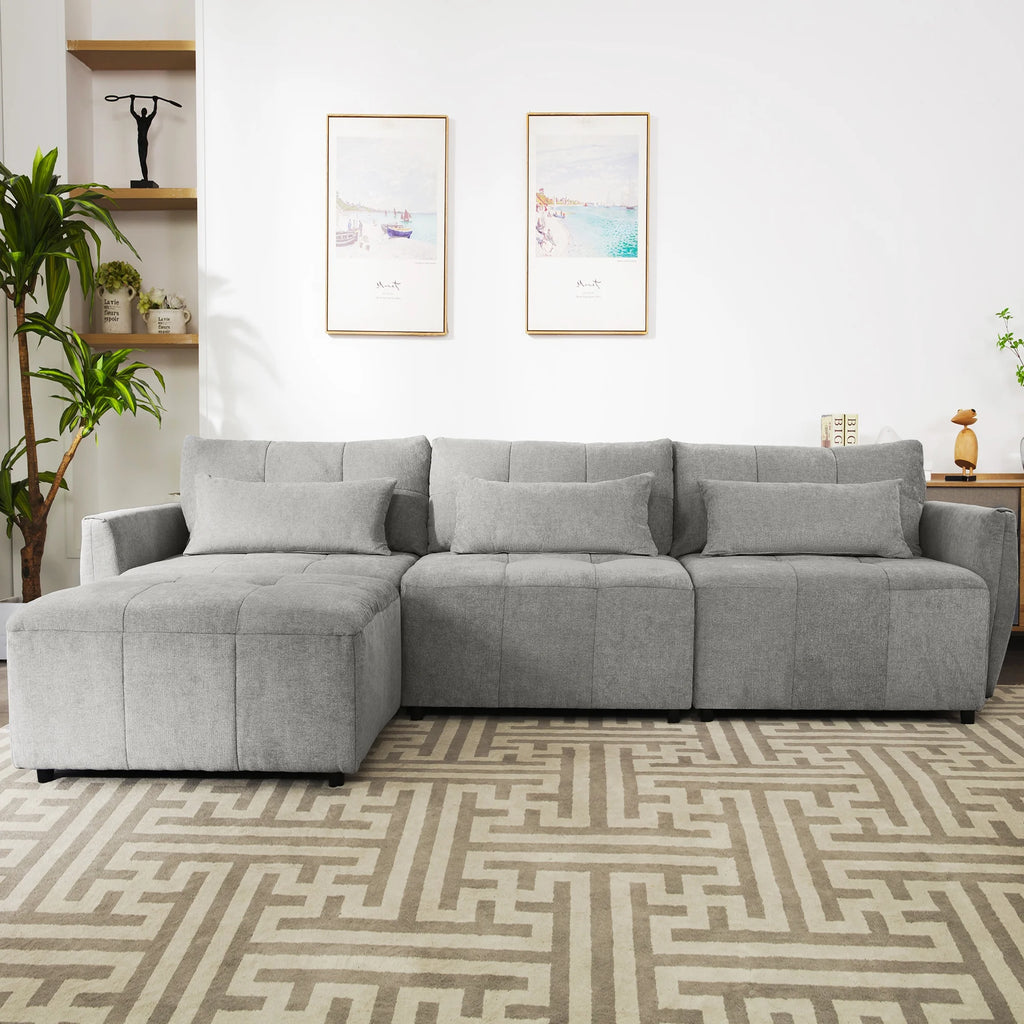 Grey Chenille Sectional Sofa with Convertible Ottoman O547
