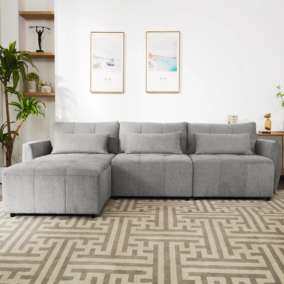 Grey Chenille Sectional Sofa with Convertible Ottoman O547