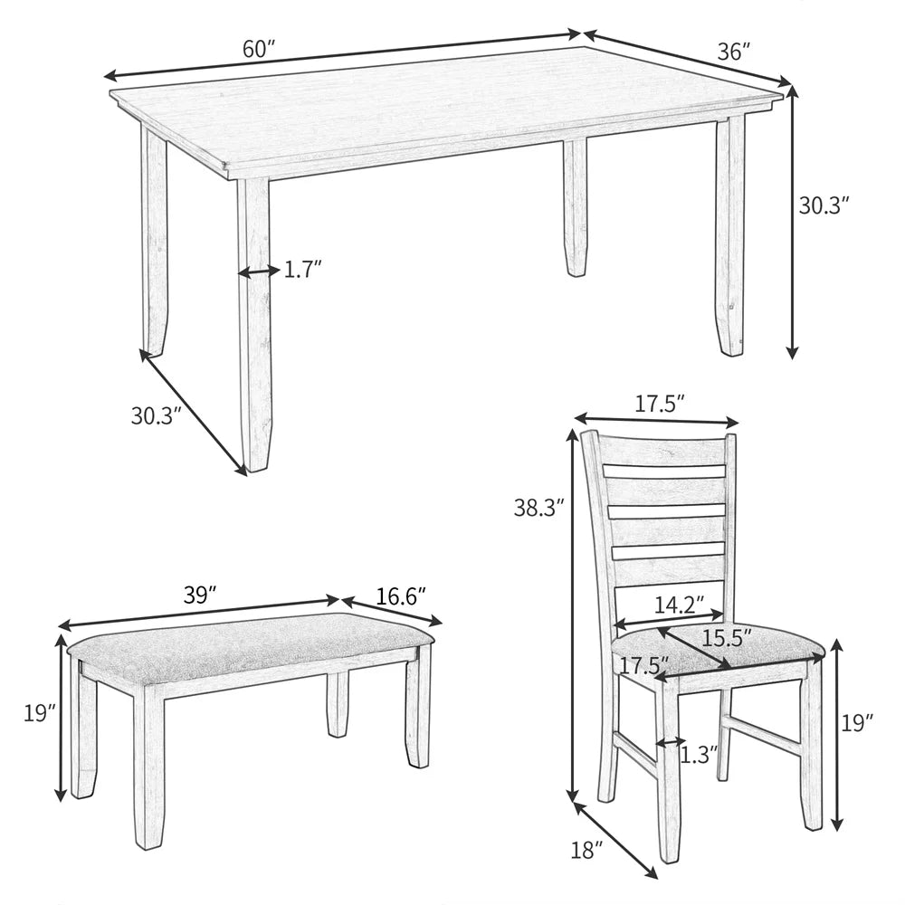 6 Piece Wood Dining Table and Chairs Set with Bench Gray V21857