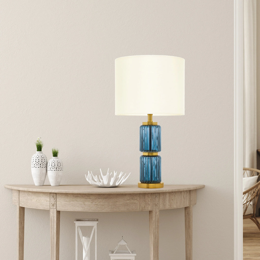 Blue Glass Cylinder Base Table Lamp with White Fabric Shade N772700