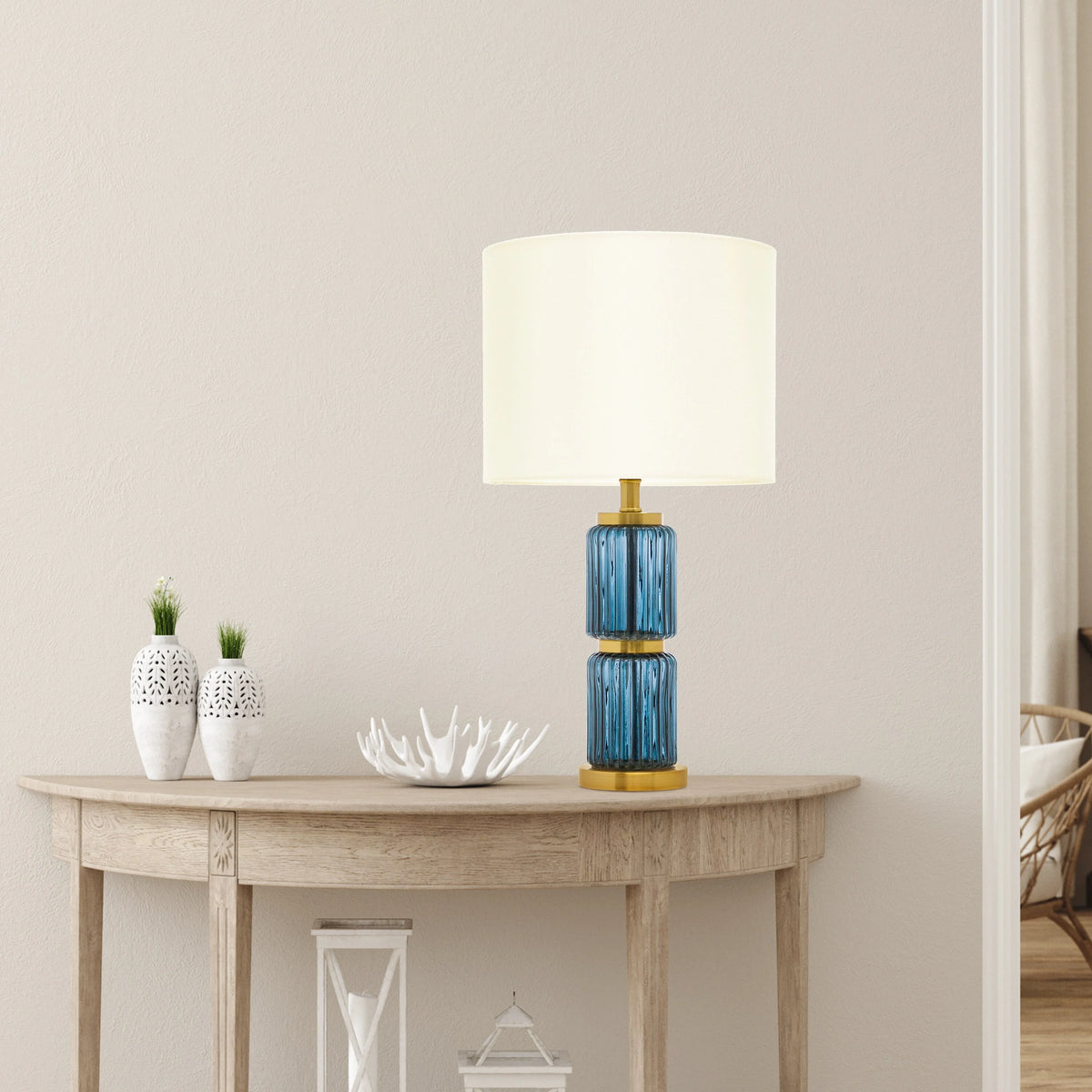Blue Glass Cylinder Base Table Lamp with White Fabric Shade N772700