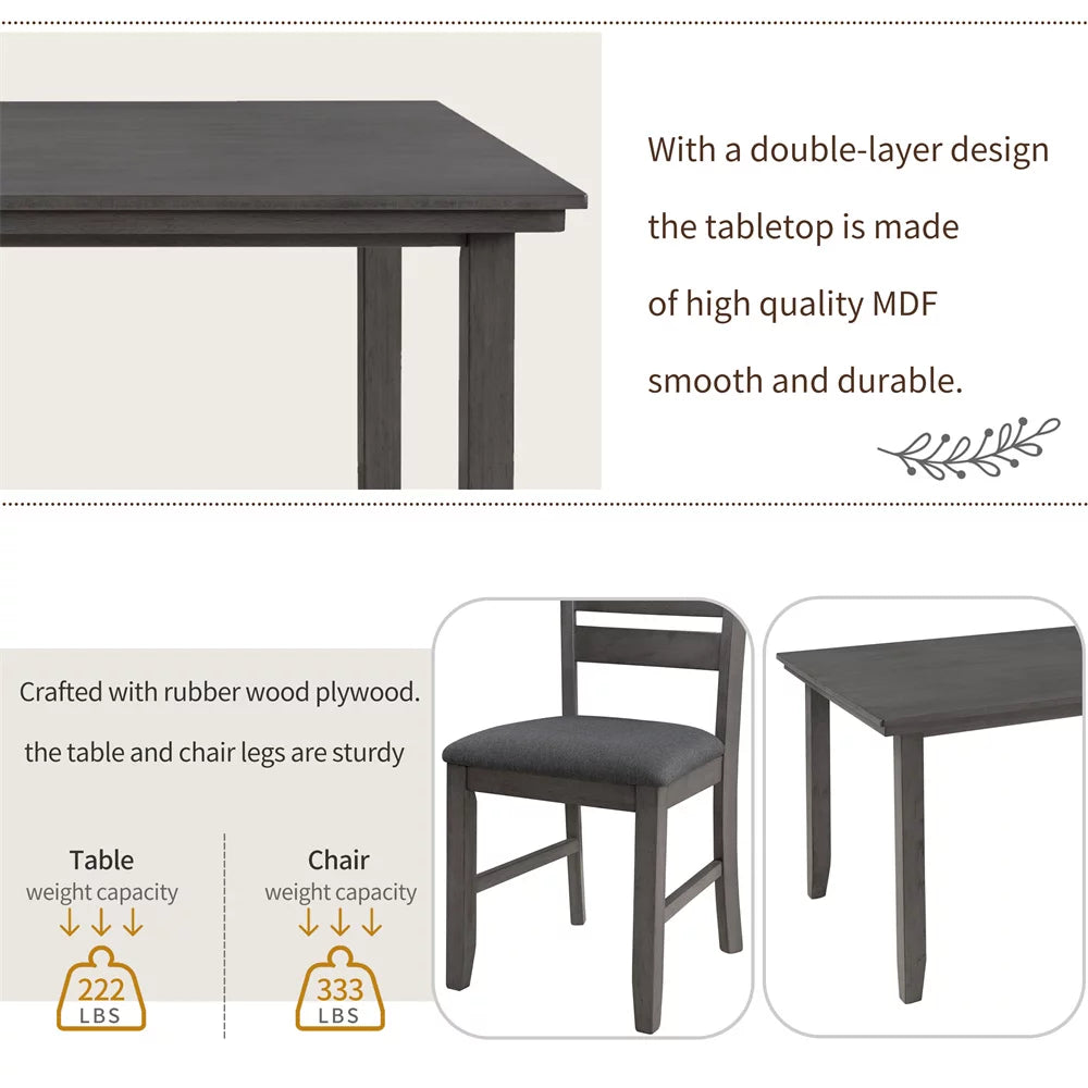 6 Piece Wood Dining Table and Chairs Set with Bench Gray V21857