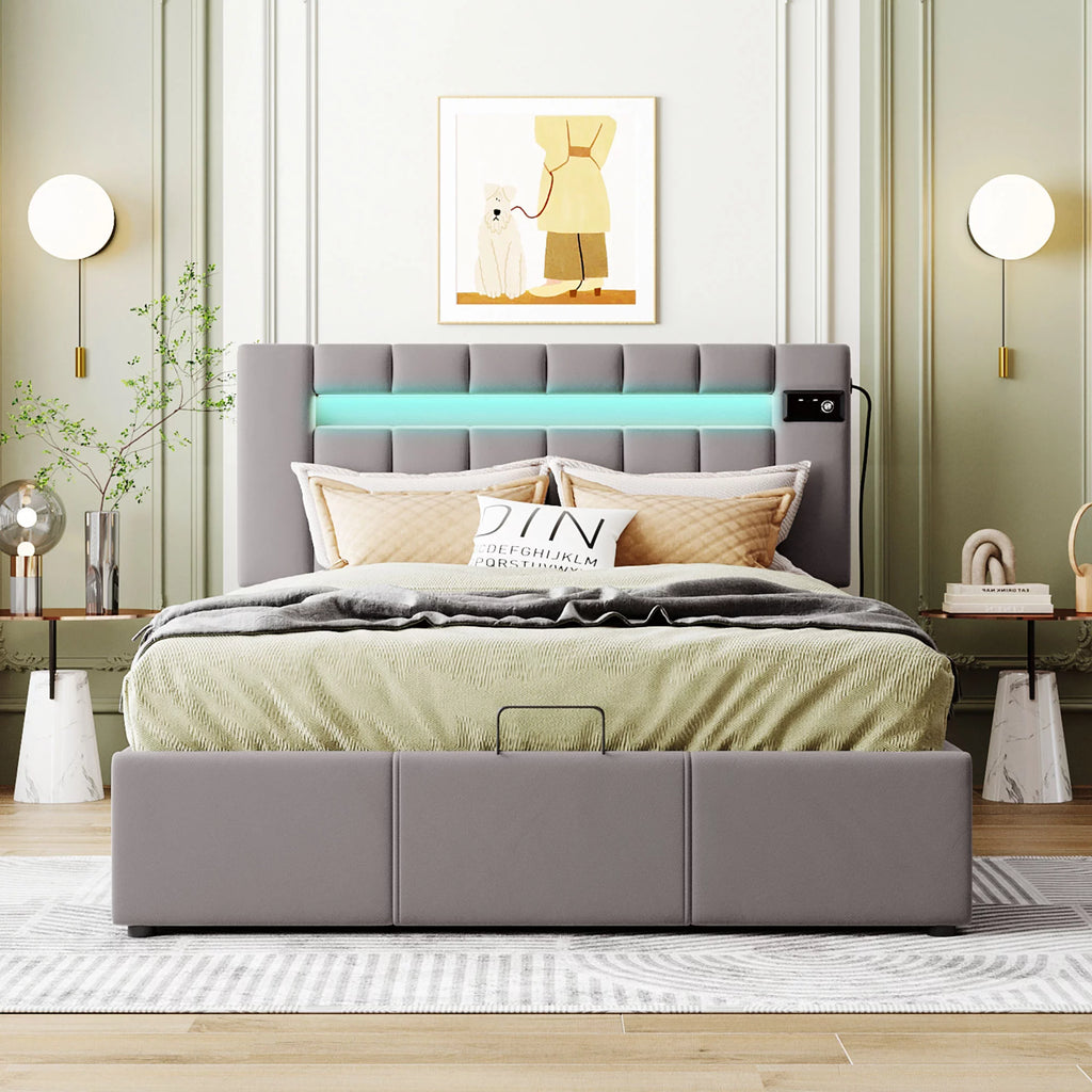 Full Size Velvet Upholstered Platform Bed with Storage and LED Light B48312
