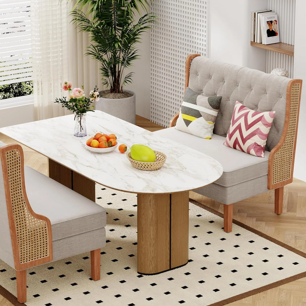 Light Grey Upholstered Loveseat Bench with Rattan Arms K147