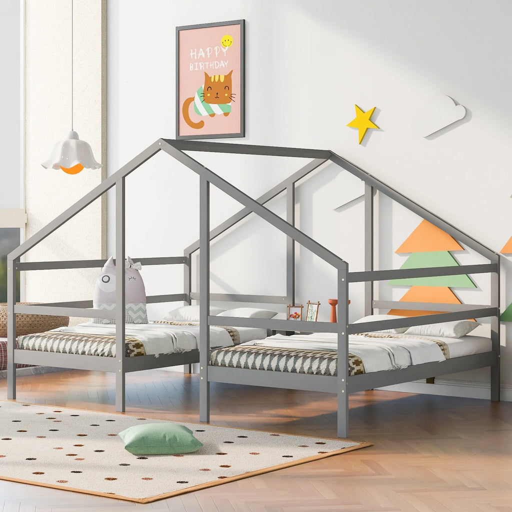 Twin Size Triangular House Beds with Built-in Table Grey P55118