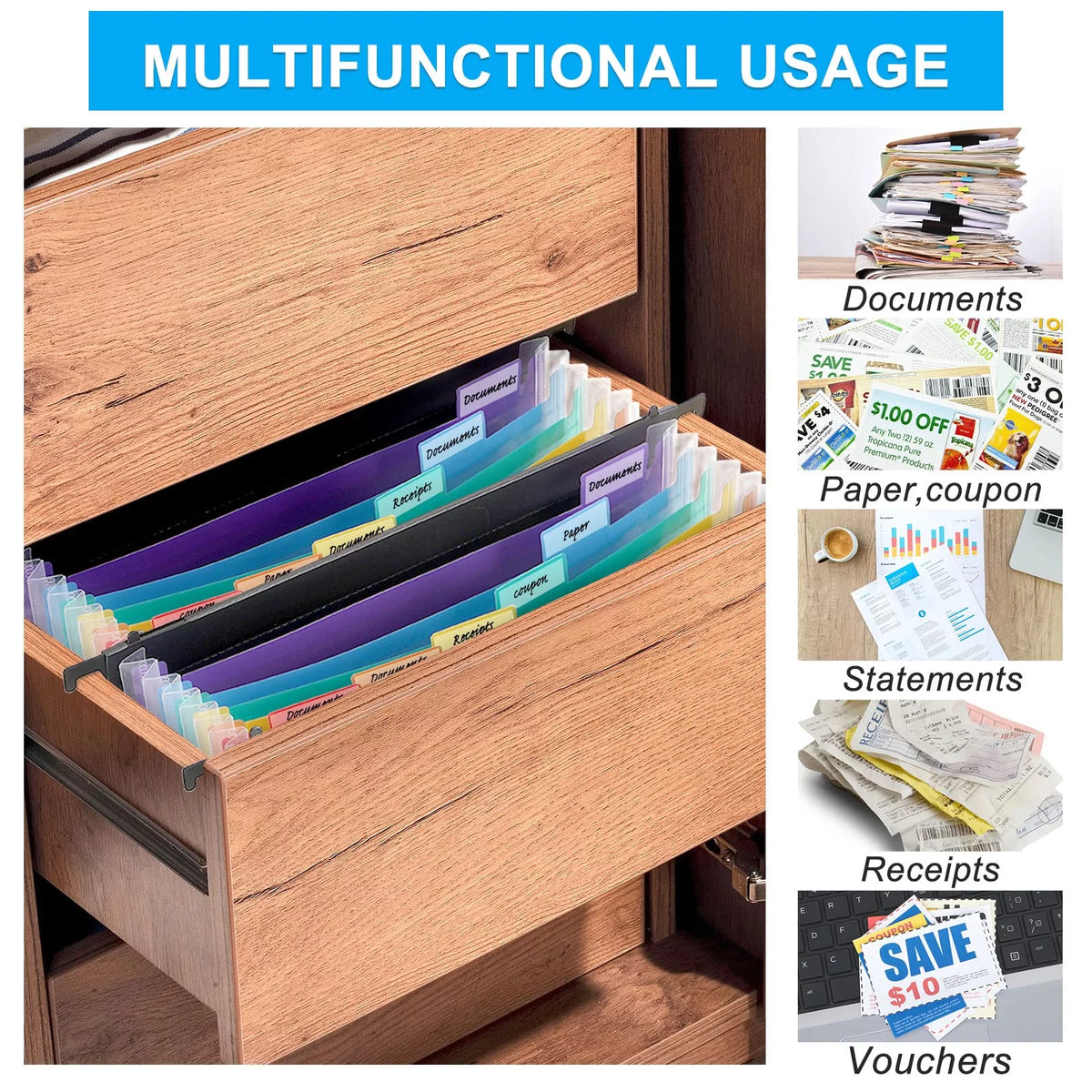 3 Pack Letter Size Hanging File Folders with Multi-Color Tabs K197