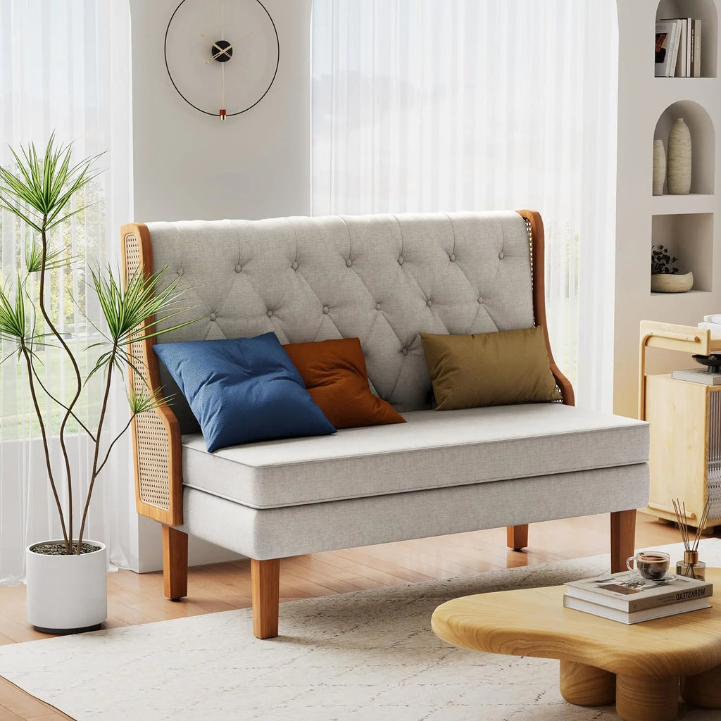 Light Grey Upholstered Loveseat Bench with Rattan Arms K147