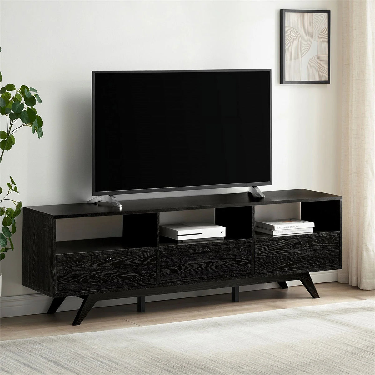 70" Black Wood TV Stand with Storage F858027