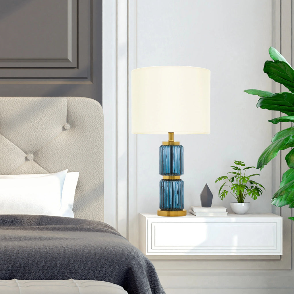 Blue Glass Cylinder Base Table Lamp with White Fabric Shade N772700