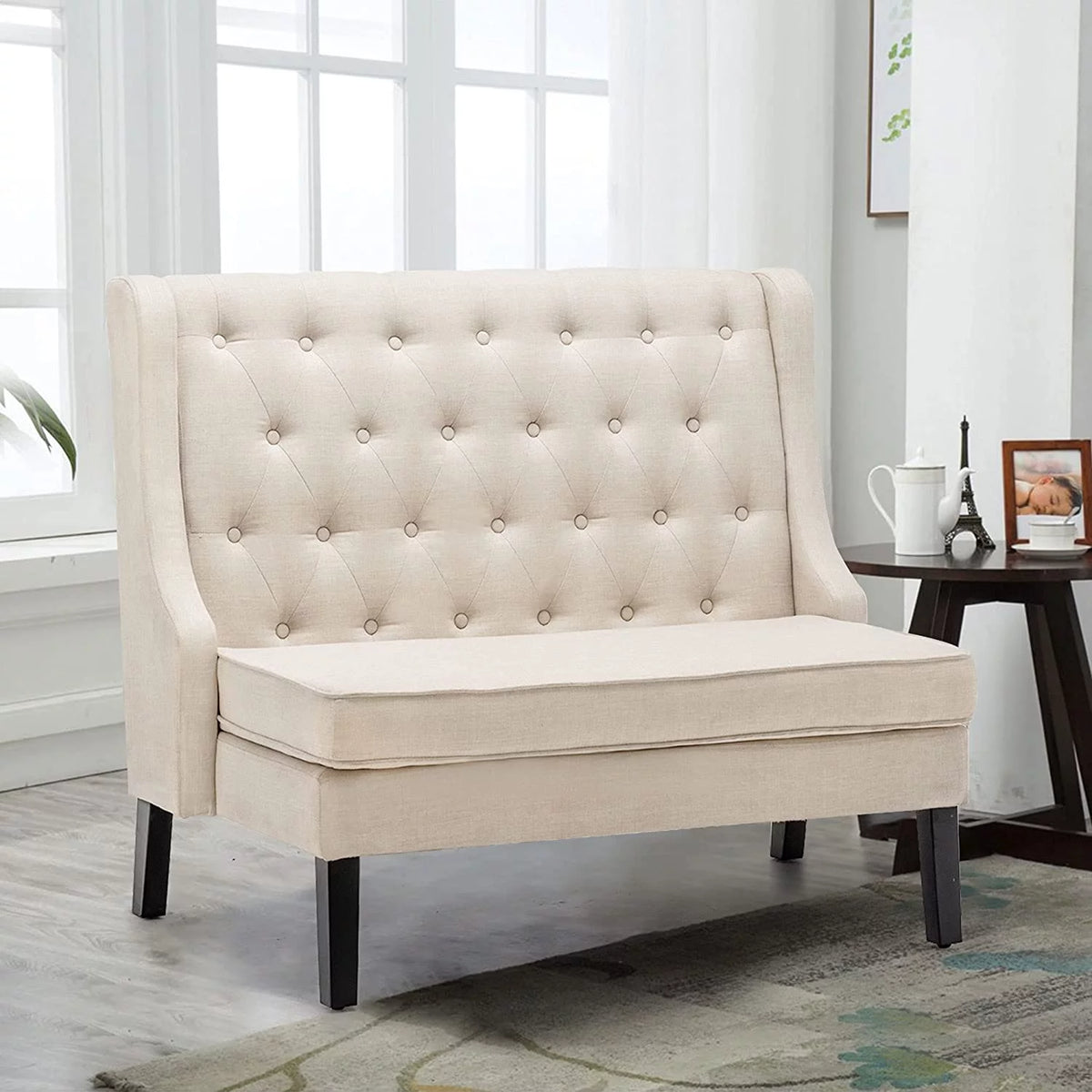 Light Grey Upholstered Loveseat Bench with Rattan Arms K147