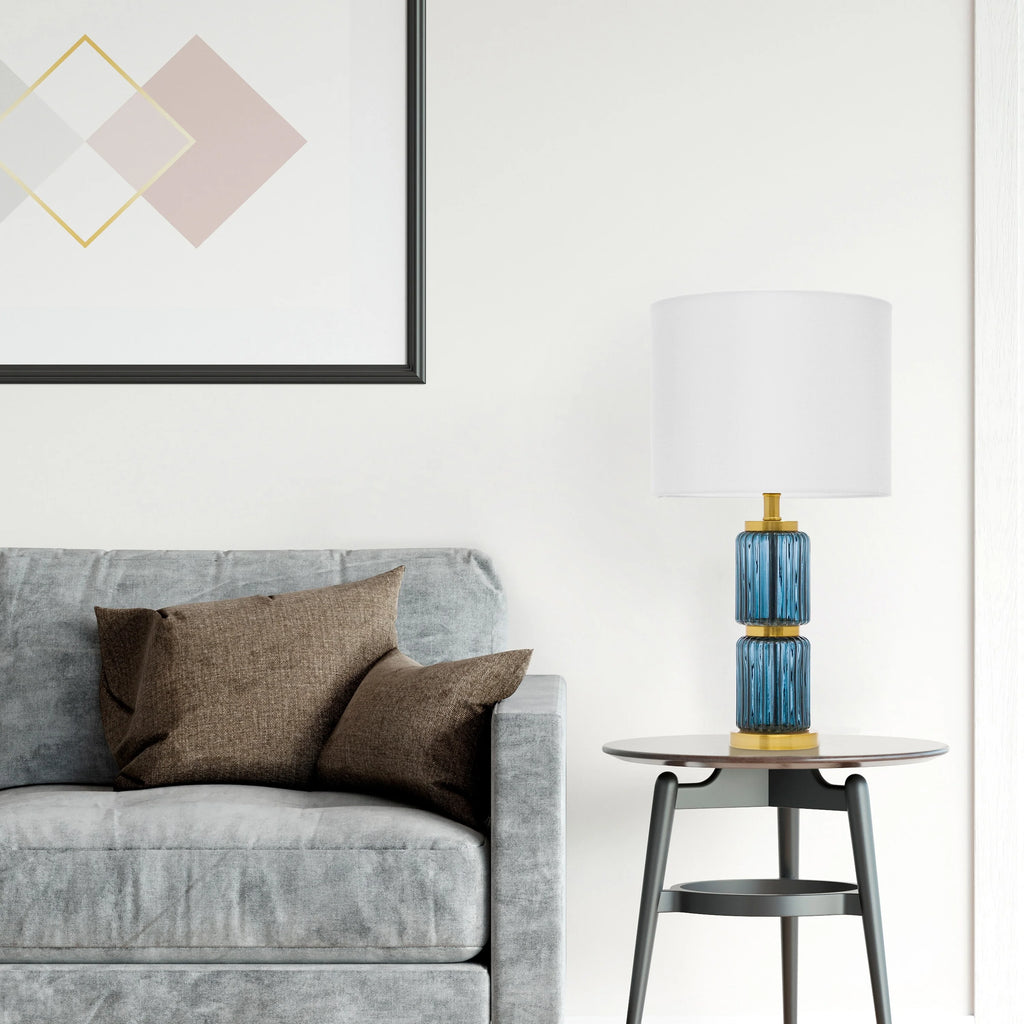 Blue Glass Cylinder Base Table Lamp with White Fabric Shade N772700