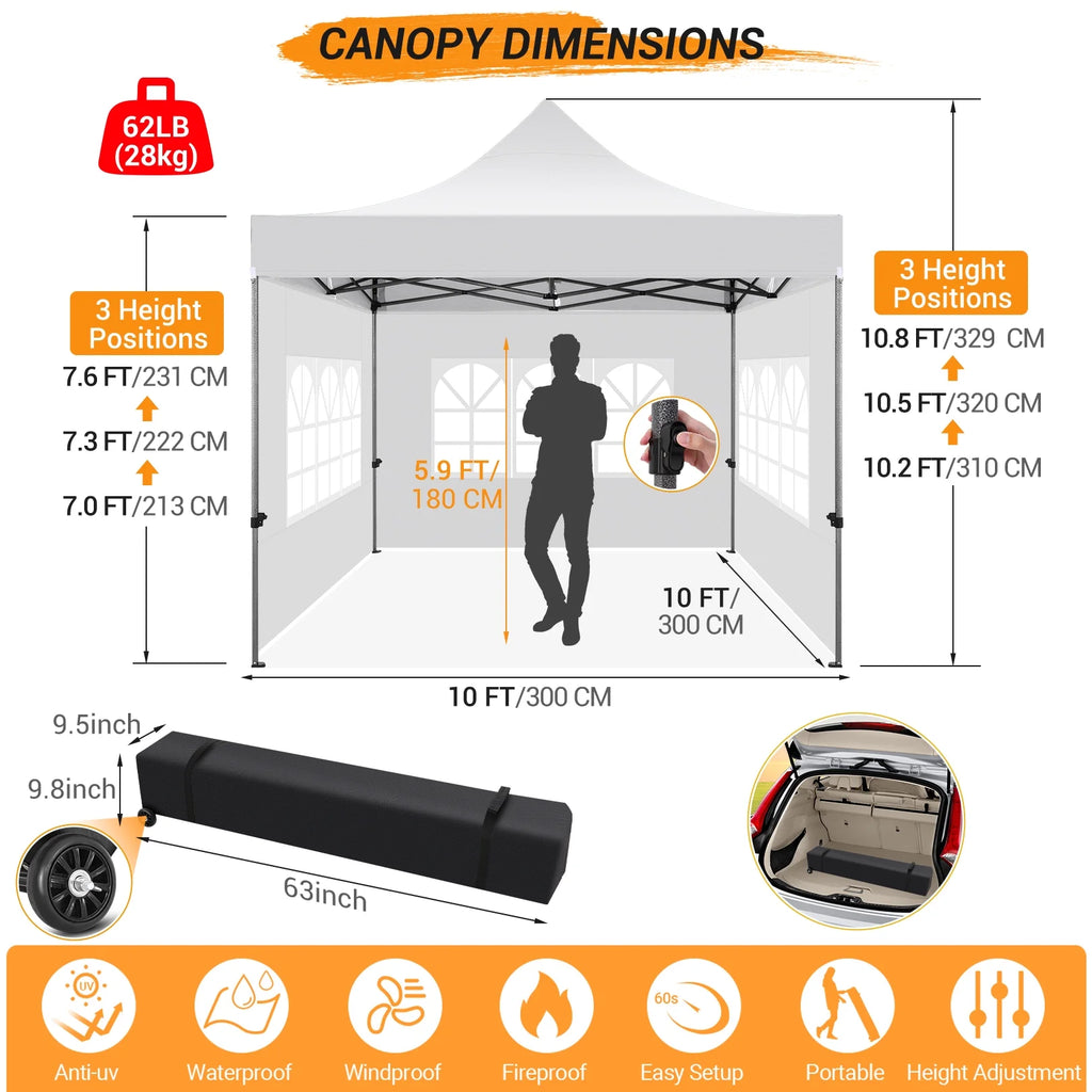 10x10 FT Pop Up Canopy Tent with 4 Removable Sidewalls, Roller Bag and 4 Sandbags, White V220479