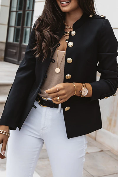 Solid Patchwork Buckle Mandarin Collar Outerwear A742892