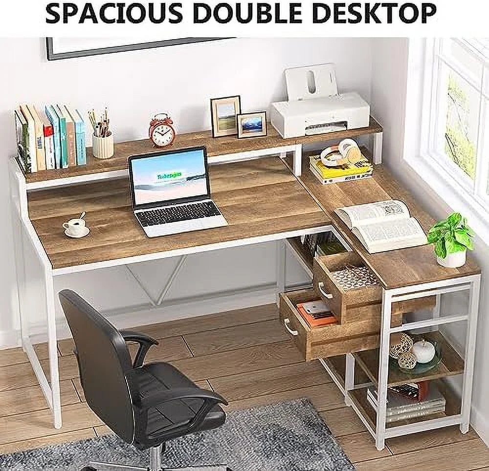 Reversible L Shaped Desk with Drawer Shelves Monitor Stand N272