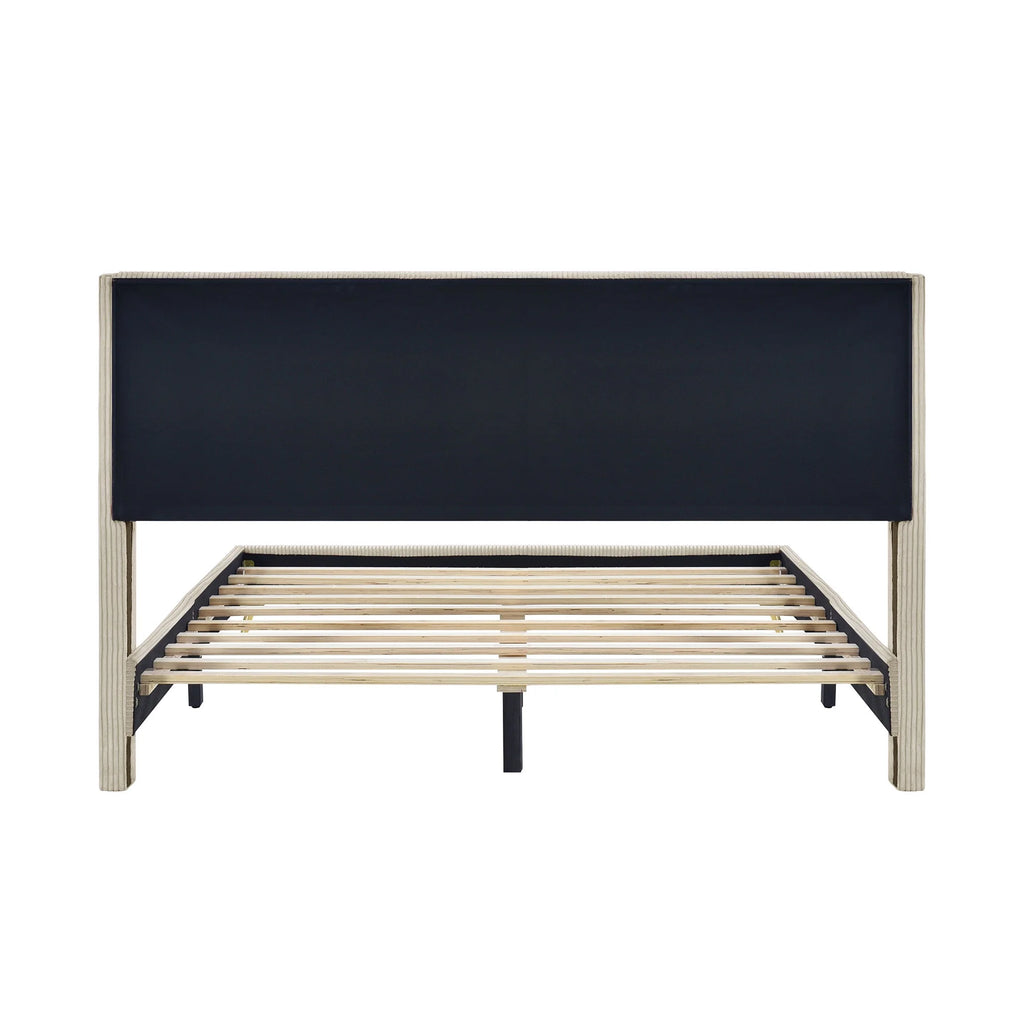 Beige Queen Corduroy Upholstered Platform Bed Frame with Headboard U1885