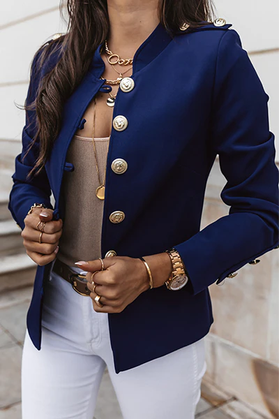 Solid Patchwork Buckle Mandarin Collar Outerwear A742892