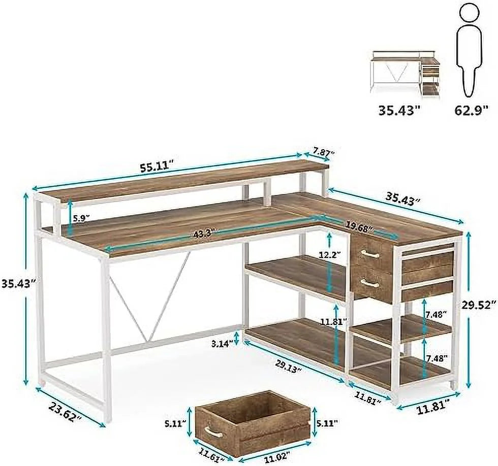 Reversible L Shaped Desk with Drawer Shelves Monitor Stand N272
