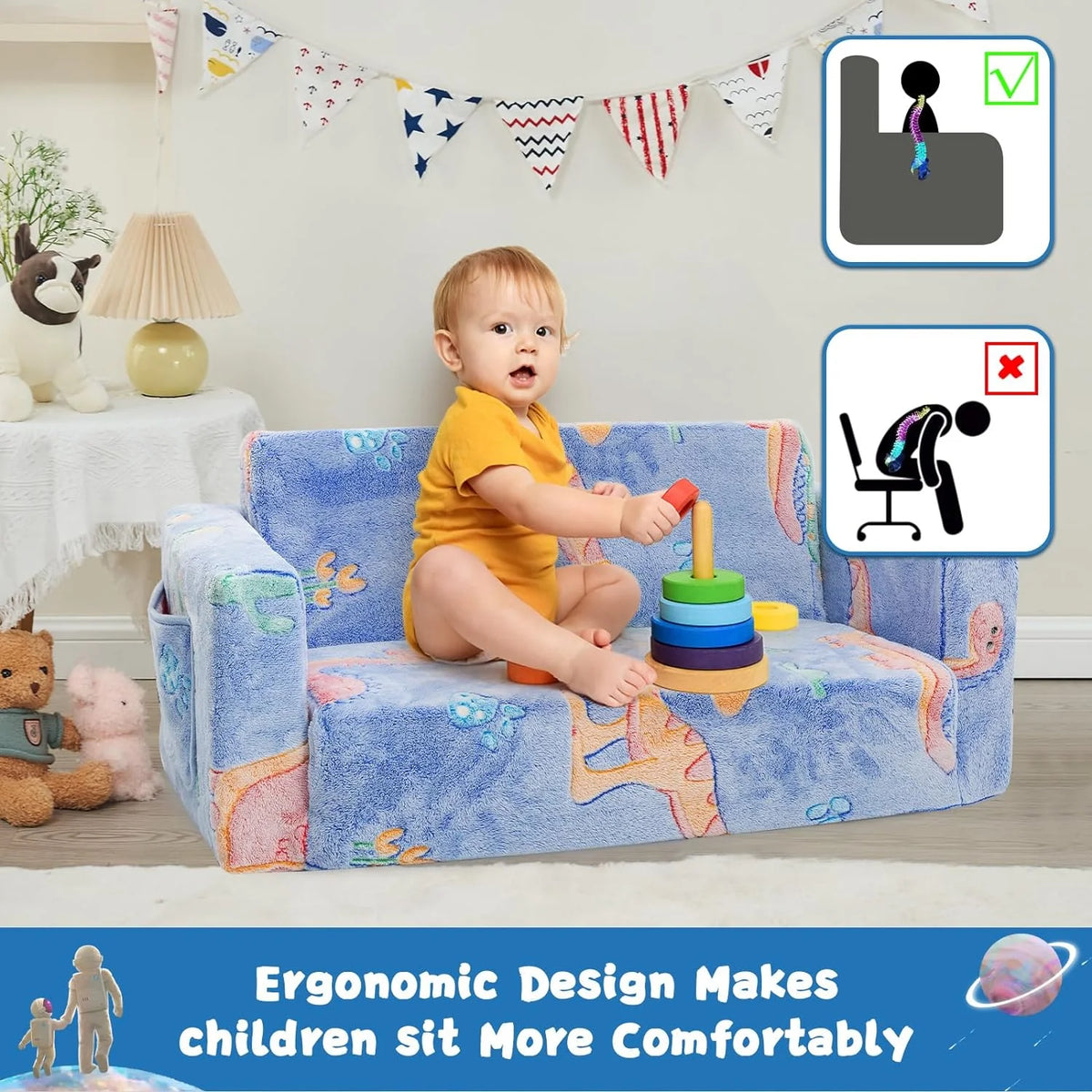 Kids Couch Toddler Chair Folding 2 in 1 Glow in The Dark Convertible Sofa to Lounger R4458