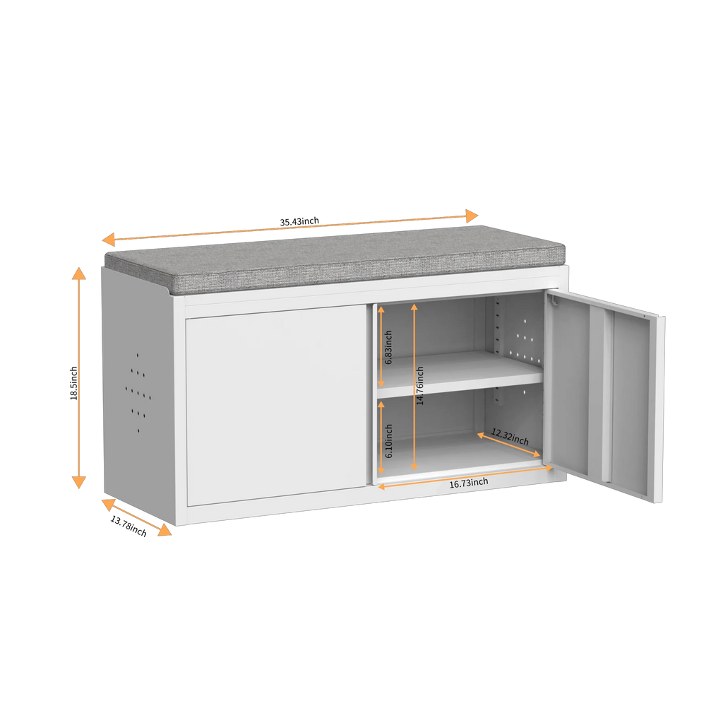 White 2 Tier Metal Storage Bench with Adjustable Shelves and Cushion A9783