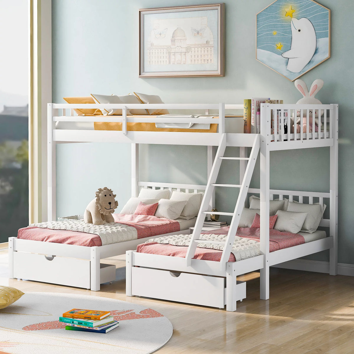 Twin Over Full & Twin Wood Bunk Bed with Drawers and Guardrails D6511